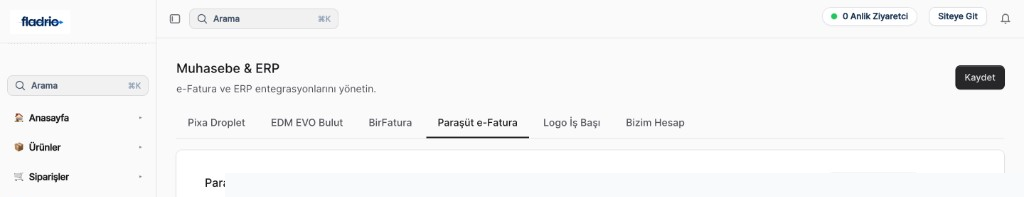 Fladrio muhasebe ve e-fatura entegrasyon ekranı